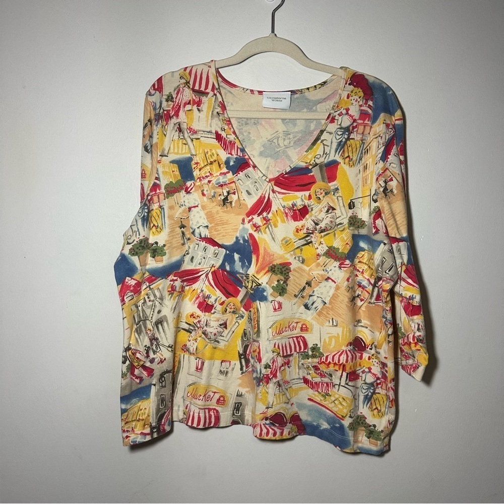 Liz Claiborne Colorful Market Novelty Print Top V Neck Festive